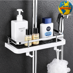 Khay kệ đựng đồ gắn cây sen tắm không cần khoan đục lỗ kèm 2 móc treo