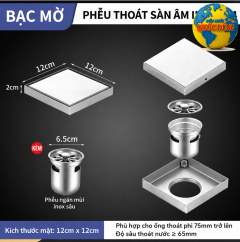 Phễu thoát sàn nắp vuông ẩn gạch inox 304 12x12cm