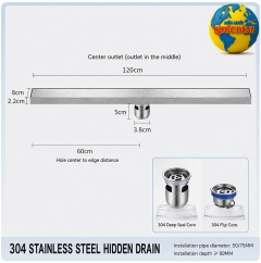 Thoát Sàn Dài 120cm Ẩn Gạch Chống Côn Trùng Inox 304