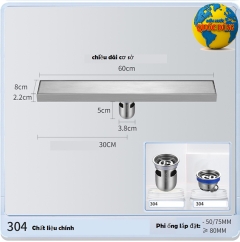 Phễu Thoát Sàn Dài 60cm Inox 304 Chống Hôi Cao Cấp