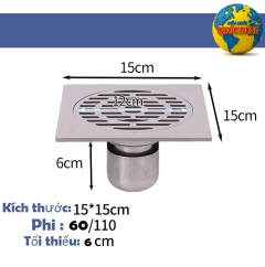 Phễu Thoát Sàn Inox 304 15x15 Chống Mùi hôi Phi 60 đến phi 110