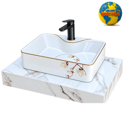 Bộ lavabo đặt bàn trắng viền vàng họa tiết hoa cao cấp
