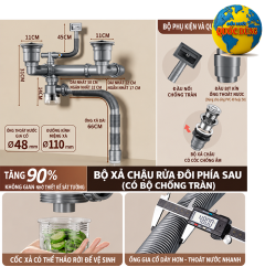 Ống Thoát Nước Bồn Chậu Rửa Chén Bát 2 Hộc Chống Hôi