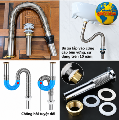 Xi phông chậu rửa mặt, bộ xả lavabo Inox lò xo bẻ được và các mẫu bộ xã lavabo nhựa khác