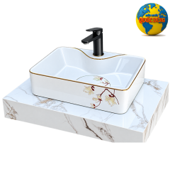Bộ lavabo đặt bàn trắng viền vàng họa tiết hoa cao cấp