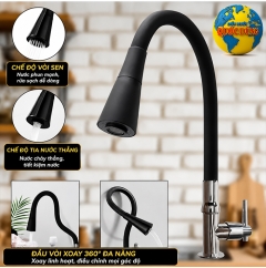 Vòi rửa chén bát lạnh cổ mềm xoay 360 độ màu đen chính hãng