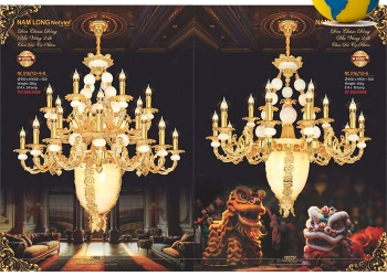 Đèn Chùm Đồng Mạ Vàng 24K NC 516 (Nam Long Netviet): Vẻ Đẹp Tráng Lệ Với Chao Đá Bầu Dục Lớn