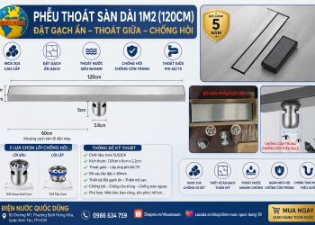 Phễu Thoát Sàn Đặt Gạch dài 1m2 hay 120cm inox 304 chống hôi