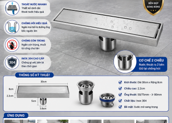 Phễu thoát sàn chữ nhật ẩn gạch dài 30cm inox 304 chống hôi