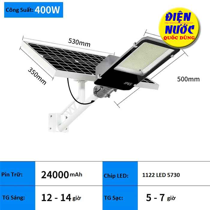 Thông số kỹ thuật đèn đường năng lượng mặt trời tấm pin rời công suất 400W có remote