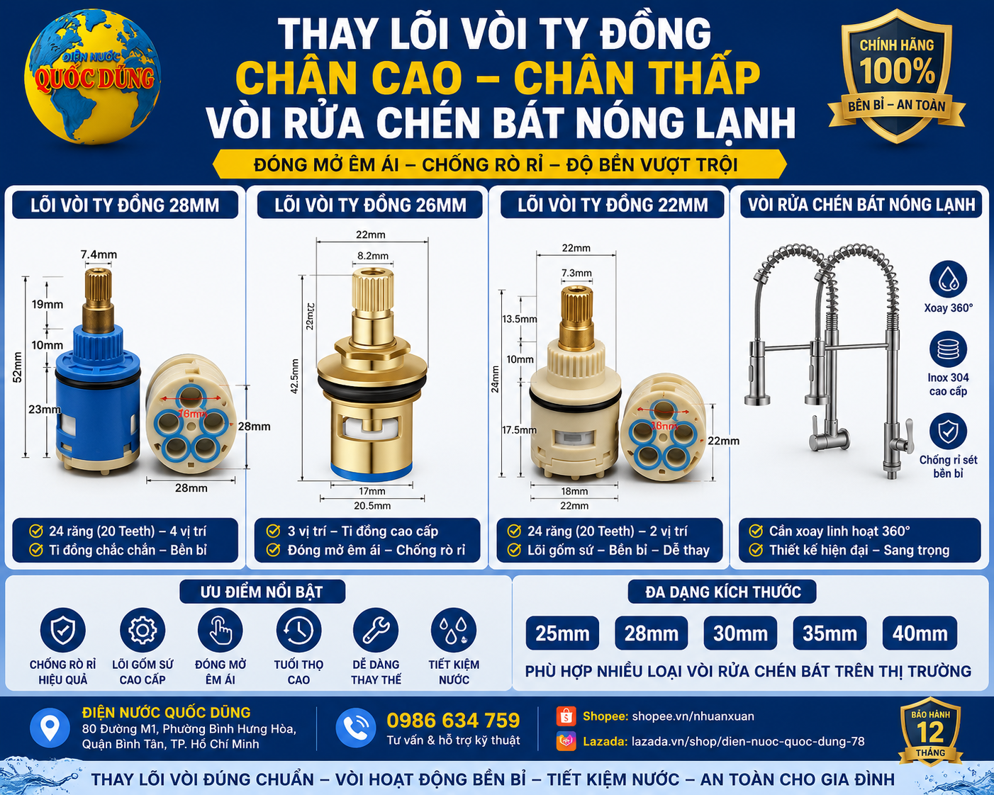 thước các loại lõi vòi 25mm, 28mm, 30mm, 35mm, 40mm