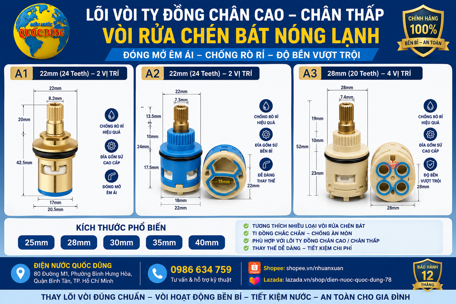  Hình tổng hợp các loại lõi vòi ty đồng chân cao, chân thấp dùng cho vòi rửa chén bát