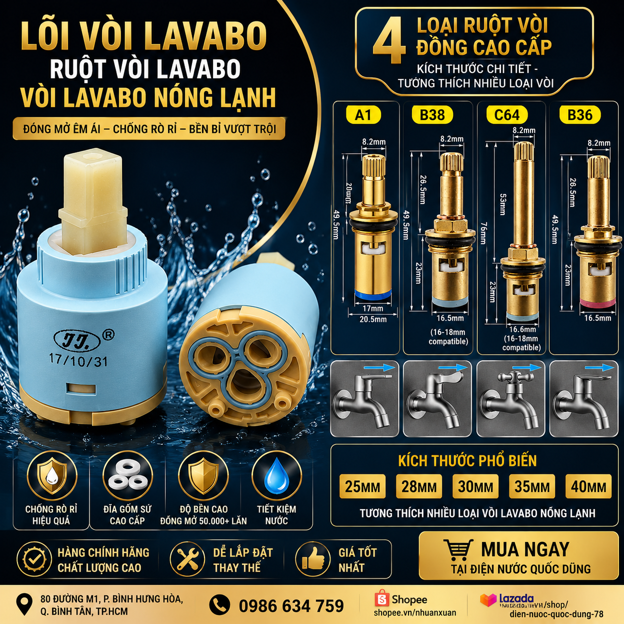 Tổng hợp các loại lõi vòi lavabo, lõi vòi nóng lạnh, lõi ty đồng, cartridge gốm sứ