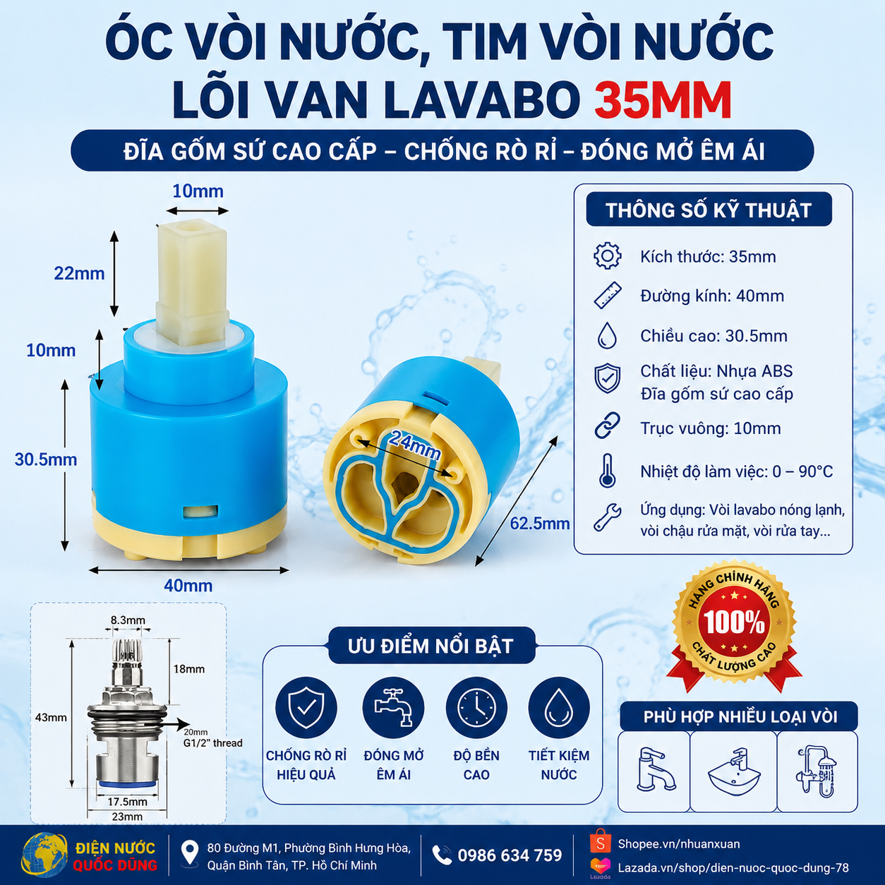 Các mẫu óc vòi nước, tim vòi nước và lõi van lavabo chính hãng tại Điện Nước Quốc Dũng