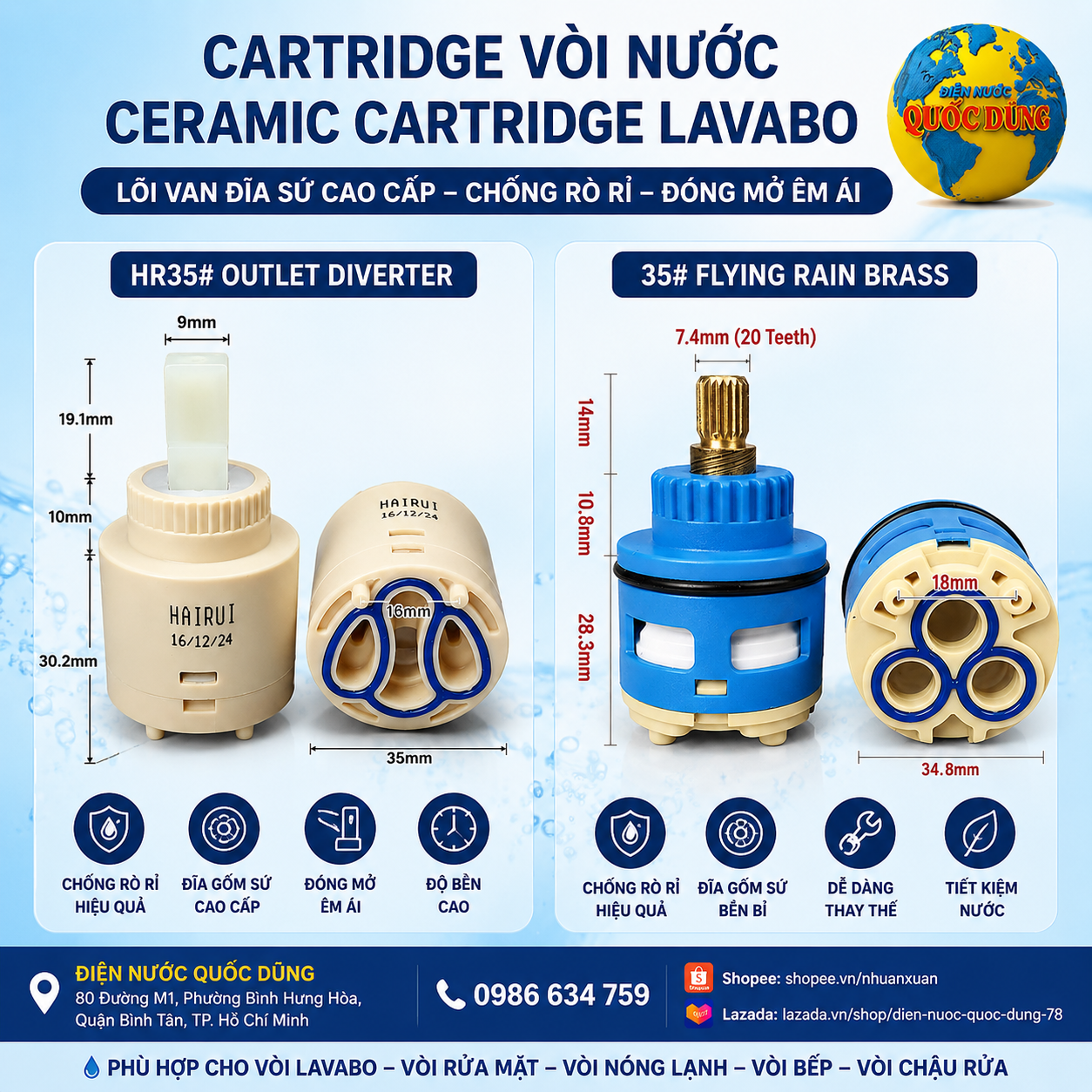 Bộ sưu tập cartridge vòi nước và ceramic cartridge lavabo chính hãng tại Điện Nước Quốc Dũng