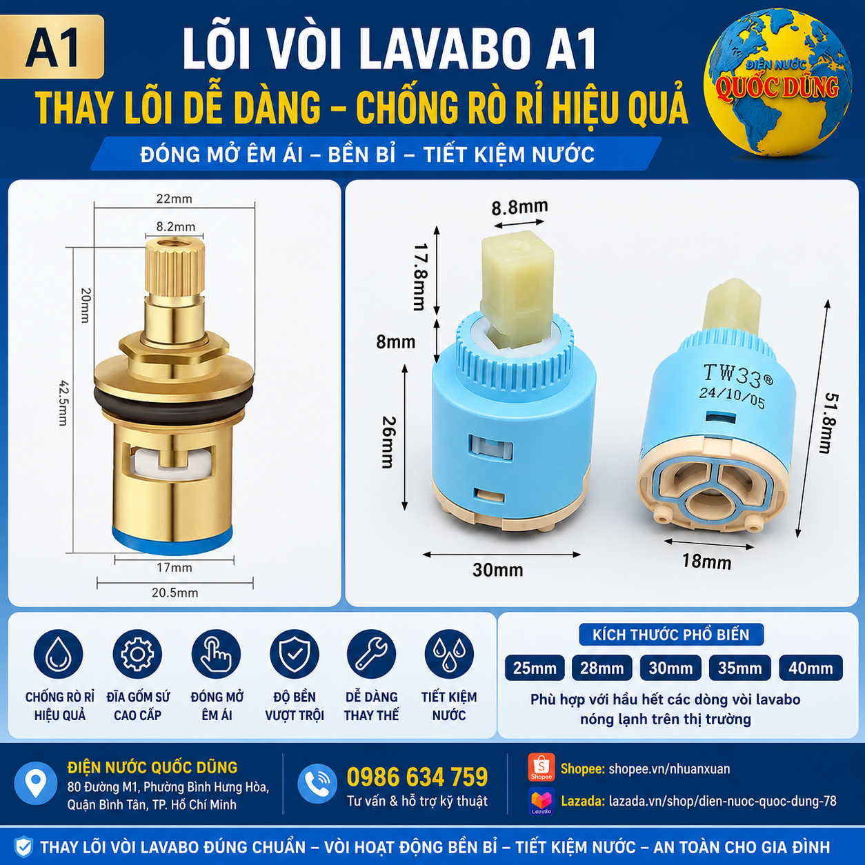 Cấu tạo chi tiết cartridge vòi nước và lõi van đĩa sứ