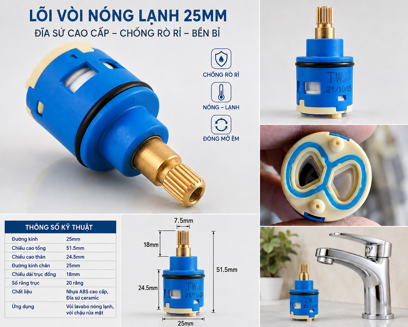 Lõi Vòi Nóng Lạnh 25mm Chân 16mm Ty Đồng