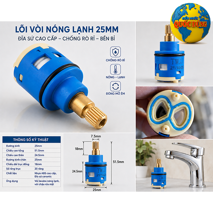 Lõi Vòi Nóng Lạnh 25mm Chân 16mm Ty Đồng