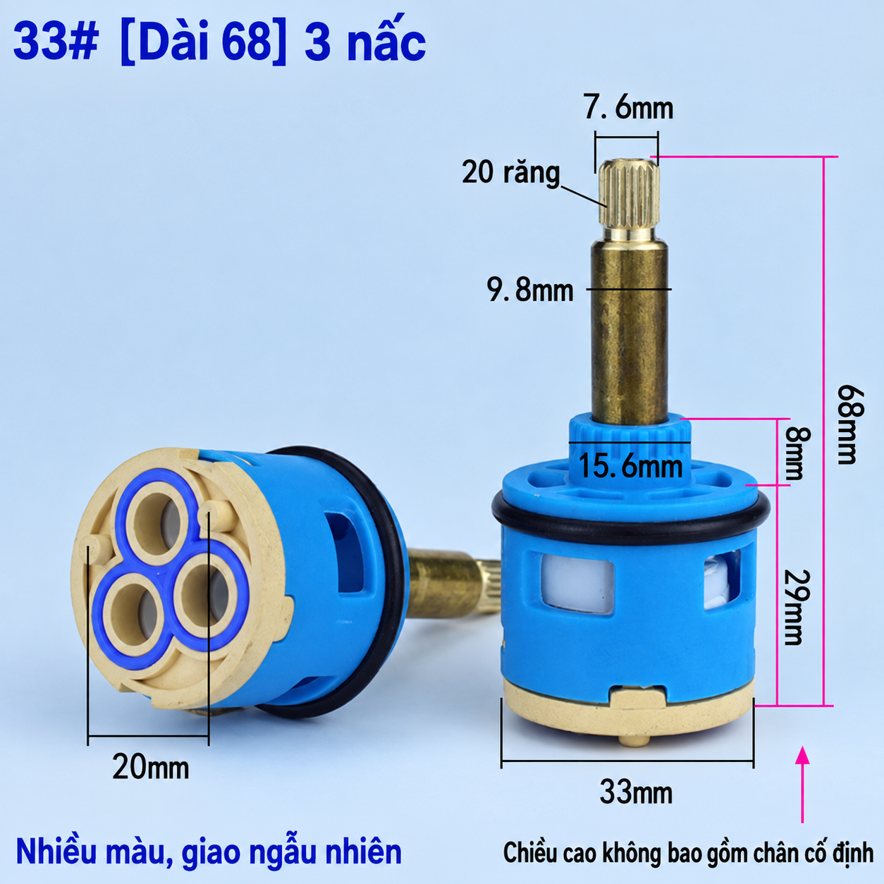 Cận cảnh lõi van 33# dài 68mm 3 nấc mặt đáy và đầu ty 20 răng