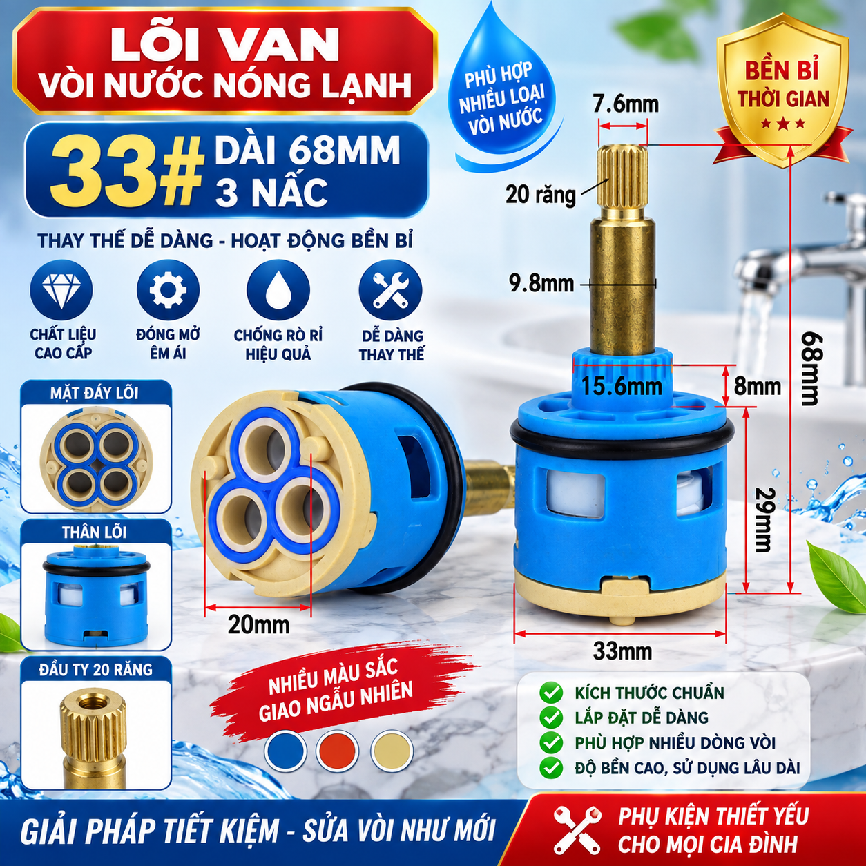 Lõi van vòi nước nóng lạnh 33# dài 68mm 3 nấc đầu ty 20 răng