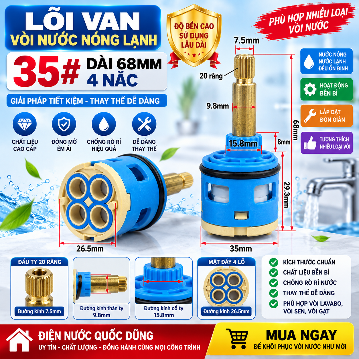 Lõi sen nóng lạnh 35mm dài 68mm 4 nấc đầu ty 20 răng