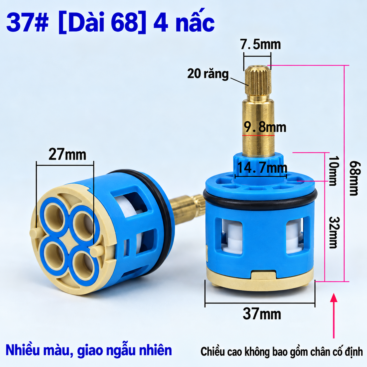 Cận cảnh lõi vòi sen cây 37mm dài 68mm đầu ty 20 răng mặt đáy 27mm