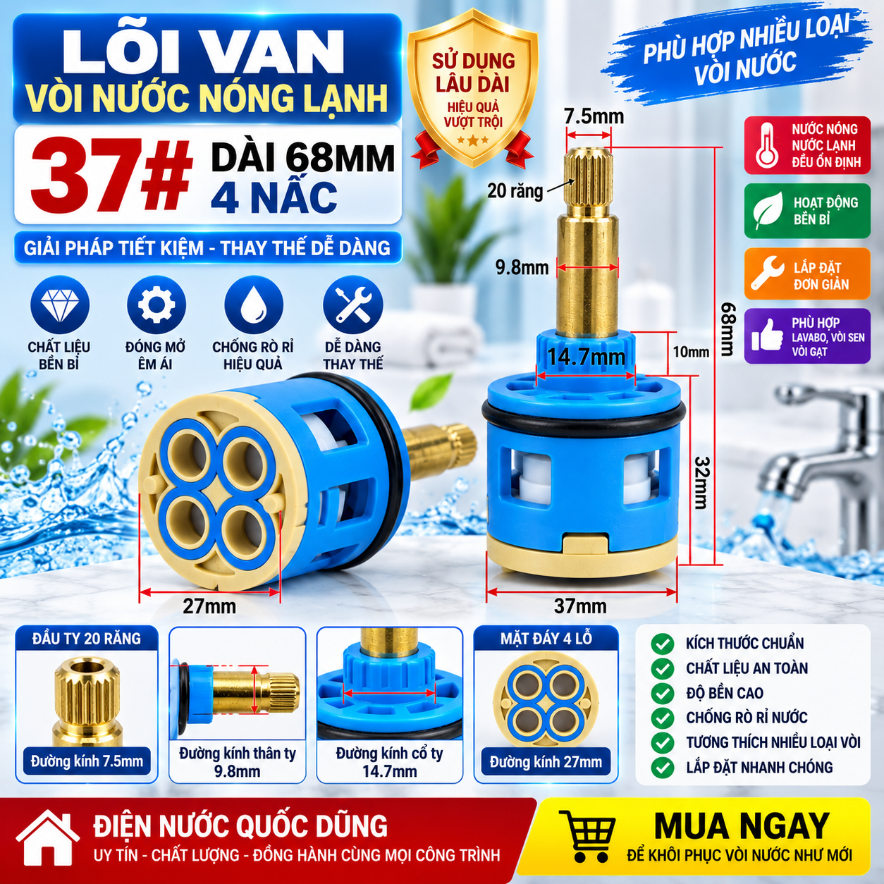 Lõi vòi sen tắm đứng chia nước vòi sen cây 37mm dài 68mm 4 nấc