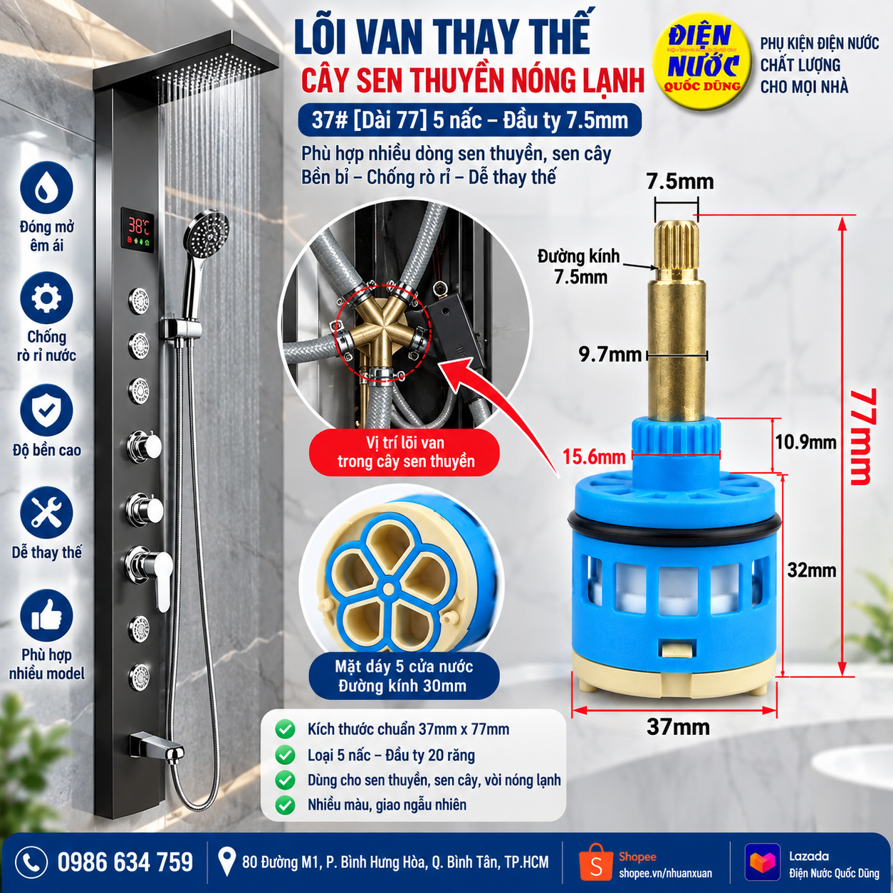 Vị trí lõi van thay thế bên trong cây sen thuyền nóng lạnh 37mm