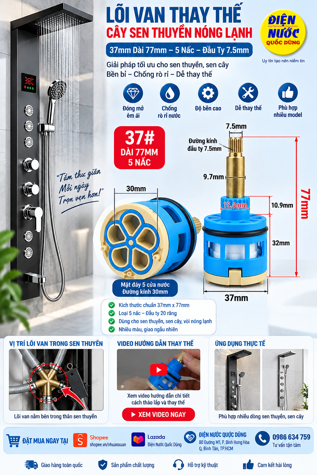 Lõi van vòi nước nóng lạnh cây sen thuyền 37mm dài 77mm 5 nấc đầu ty 7.5mm