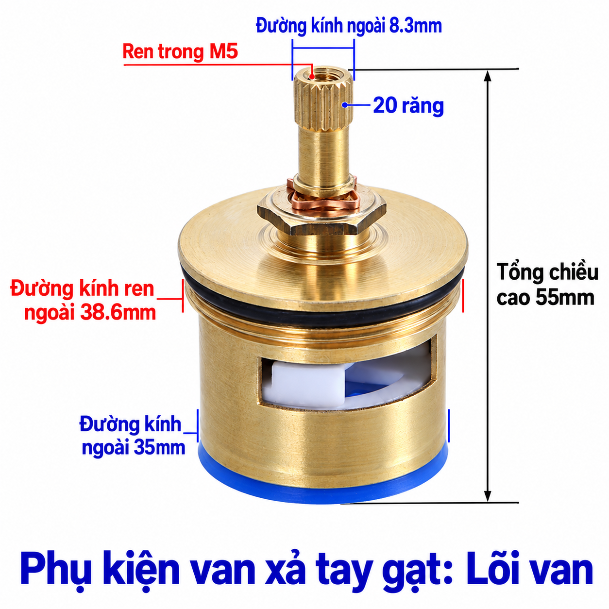 Lõi van đồng thau 35mm tháo rời cùng tay gạt vòi nước nóng lạnh