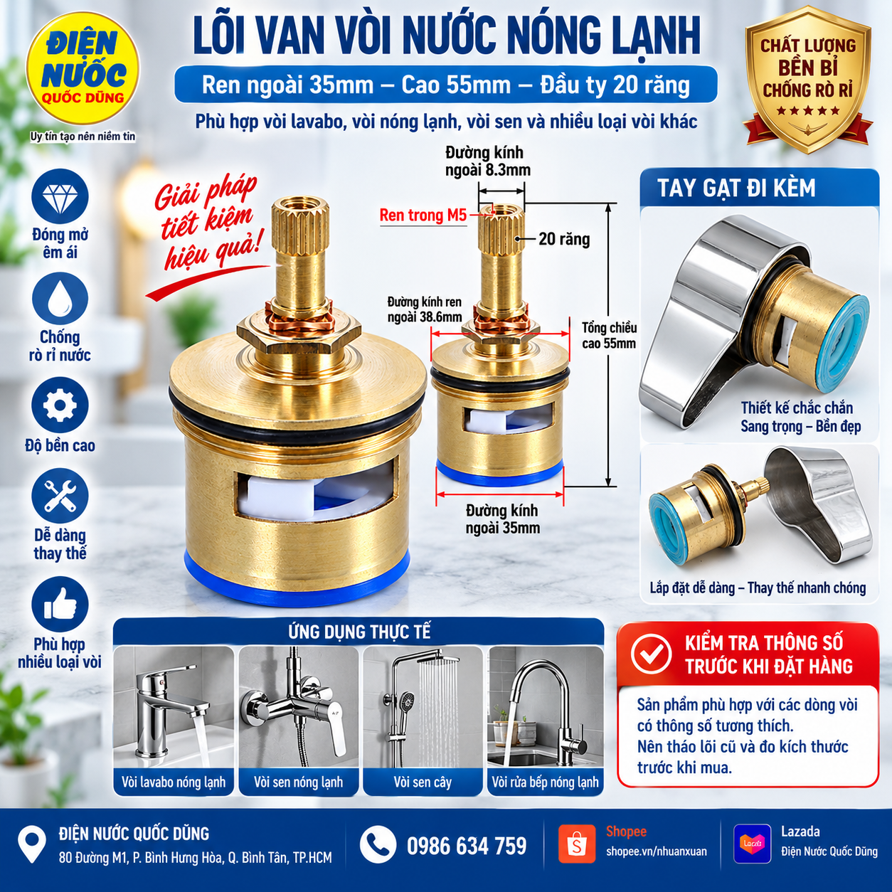 Lõi van xả tay gạt đồng thau nóng lạnh 35mm cao 55mm đầu ty 20 răng