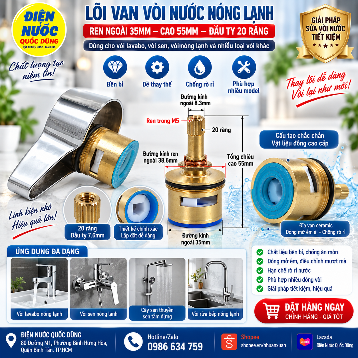 Lõi van vòi nước đồng thau 35mm cao 55mm đầu ty 20 răng 