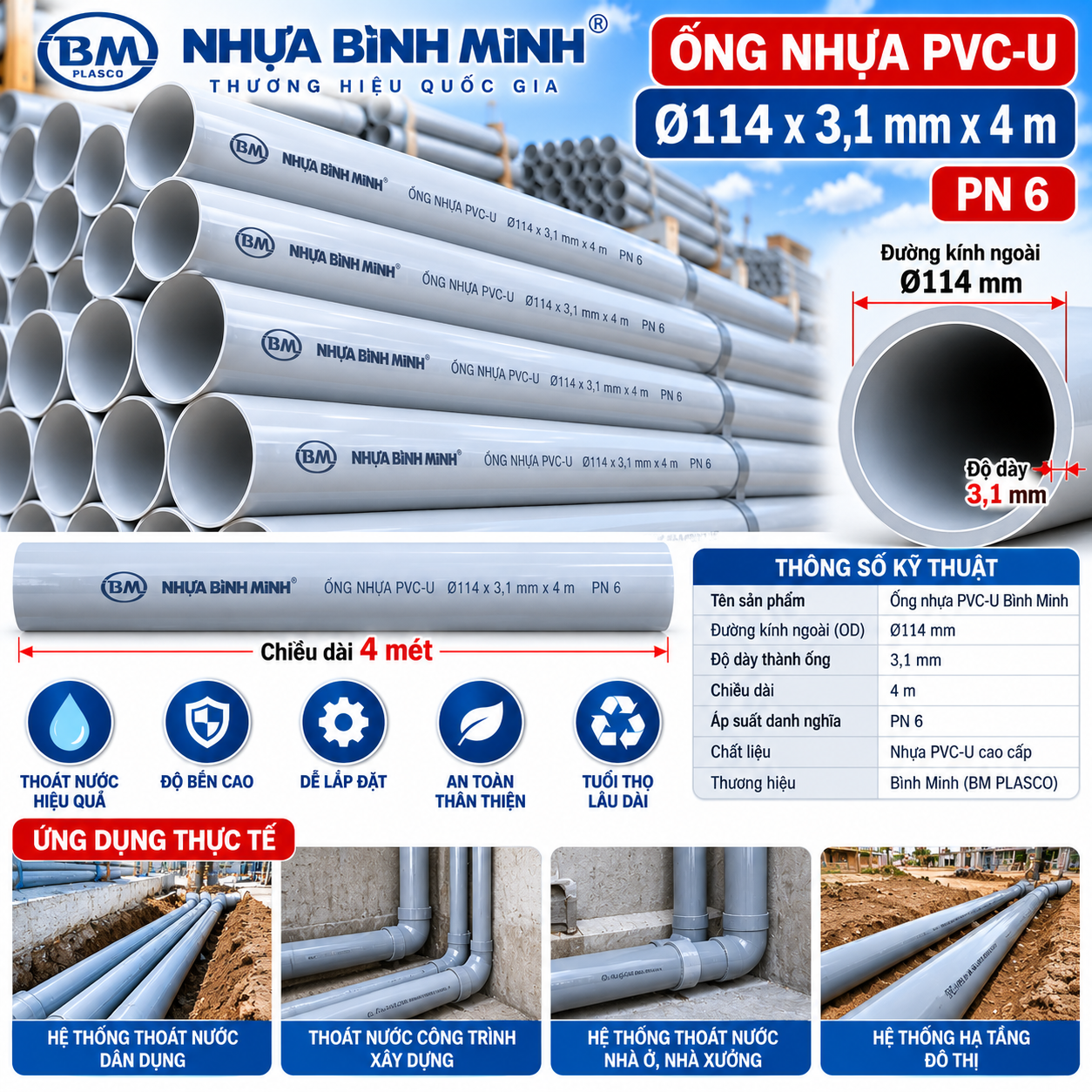 Cận cảnh logo Nhựa Bình Minh và thông số ống nhựa PVC-U Ø114 x 3,1mm x 4m PN6.
