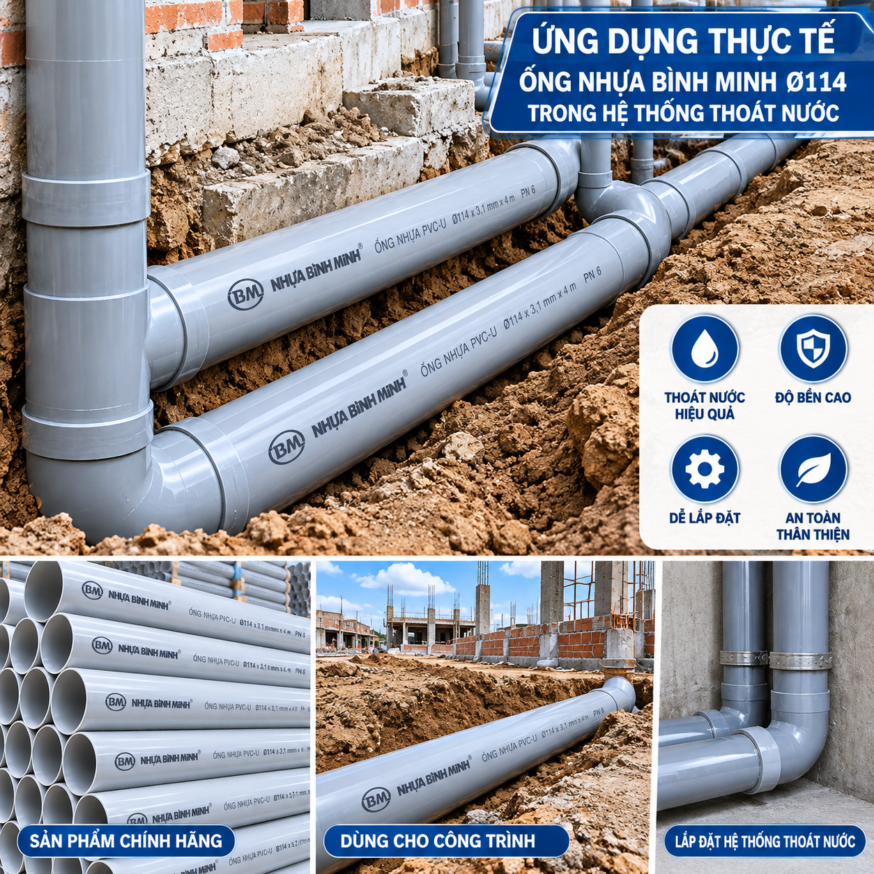 Ứng dụng ống nhựa Bình Minh phi 114 trong hệ thống thoát nước công trình xây dựng.