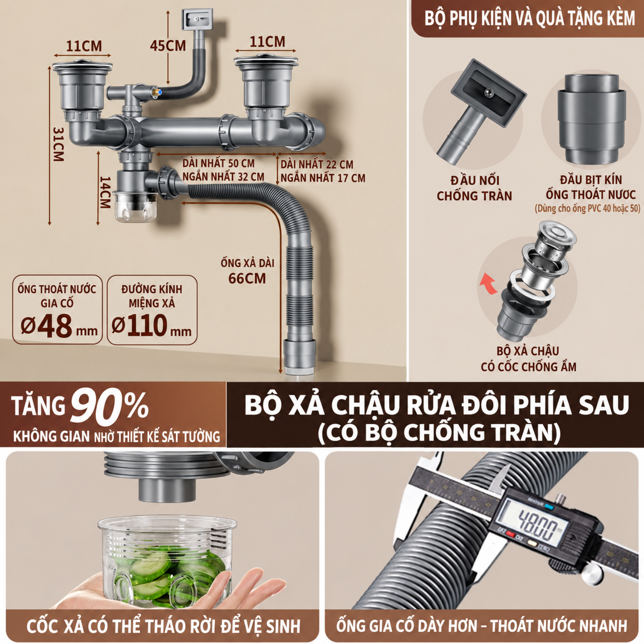 Kích thước bộ ống thoát nước chậu rửa bát đôi 2 hộc và các phụ kiện lắp đặt