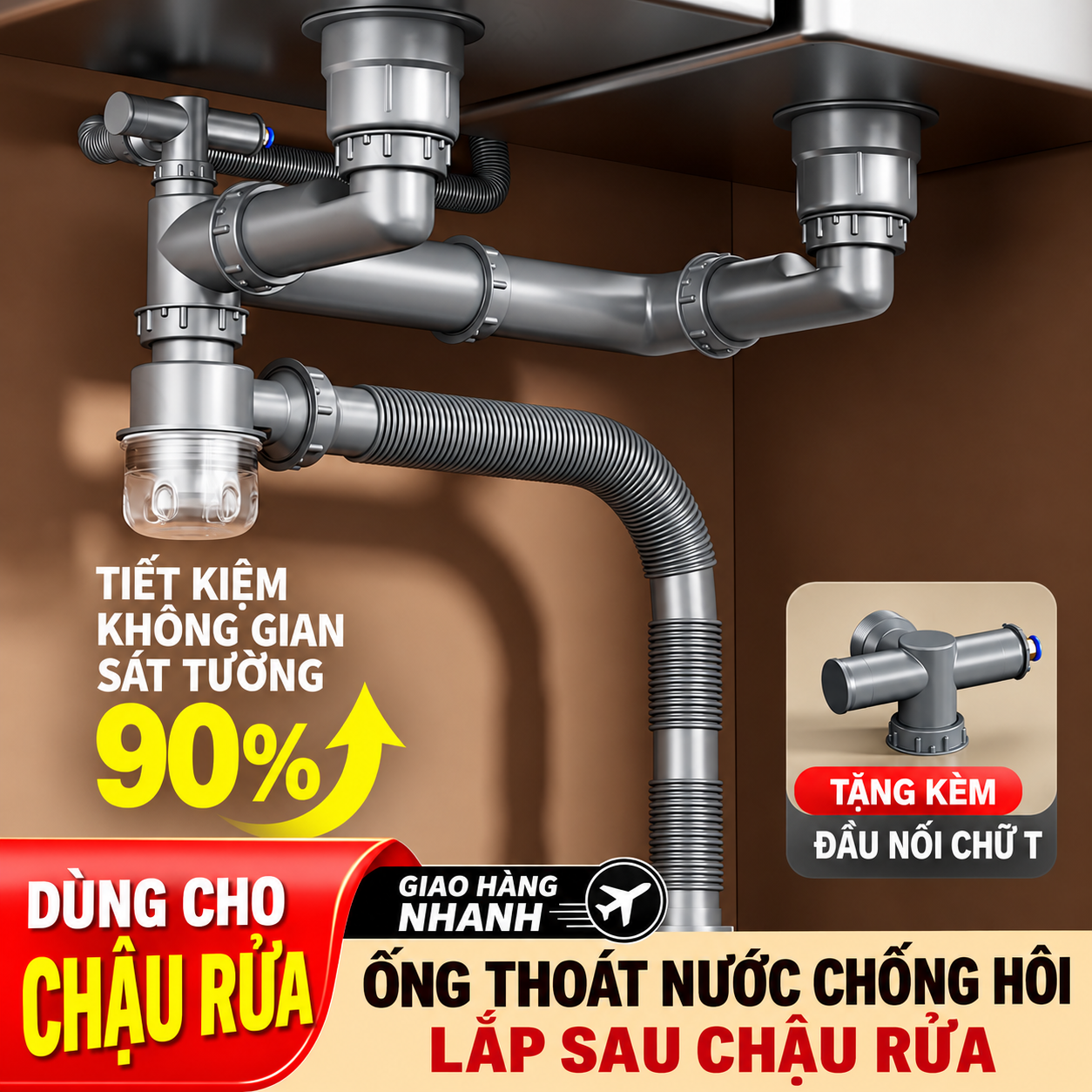 Bộ ống thoát nước chống hôi lắp sau chậu rửa chén 2 hộc giúp tiết kiệm không gian tủ bếp