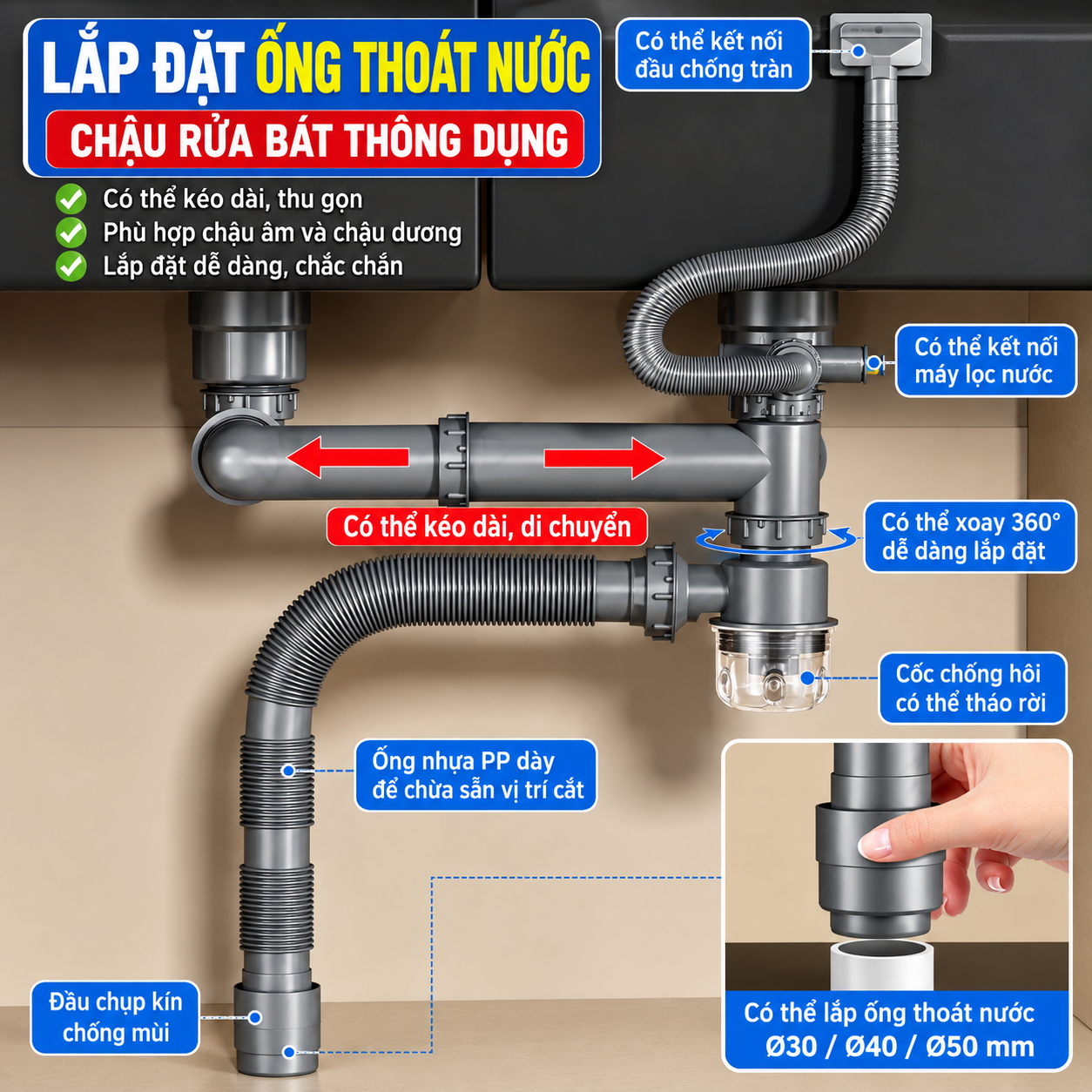 Ống thoát nước bồn chậu rửa chén bát 2 hộc 2 ngăn chống hôi Điện Nước Quốc Dũng