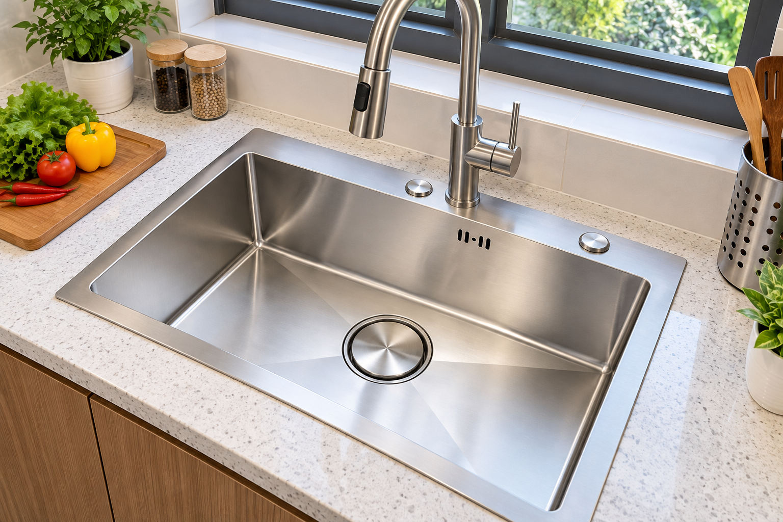 Chậu rửa chén 1 hộc lớn 68x45cm inox SUS 304 thiết kế hiện đại. Chậu rửa chén 1 hộc lớn 68x45cm inox SUS 304 thiết kế hiện đại.