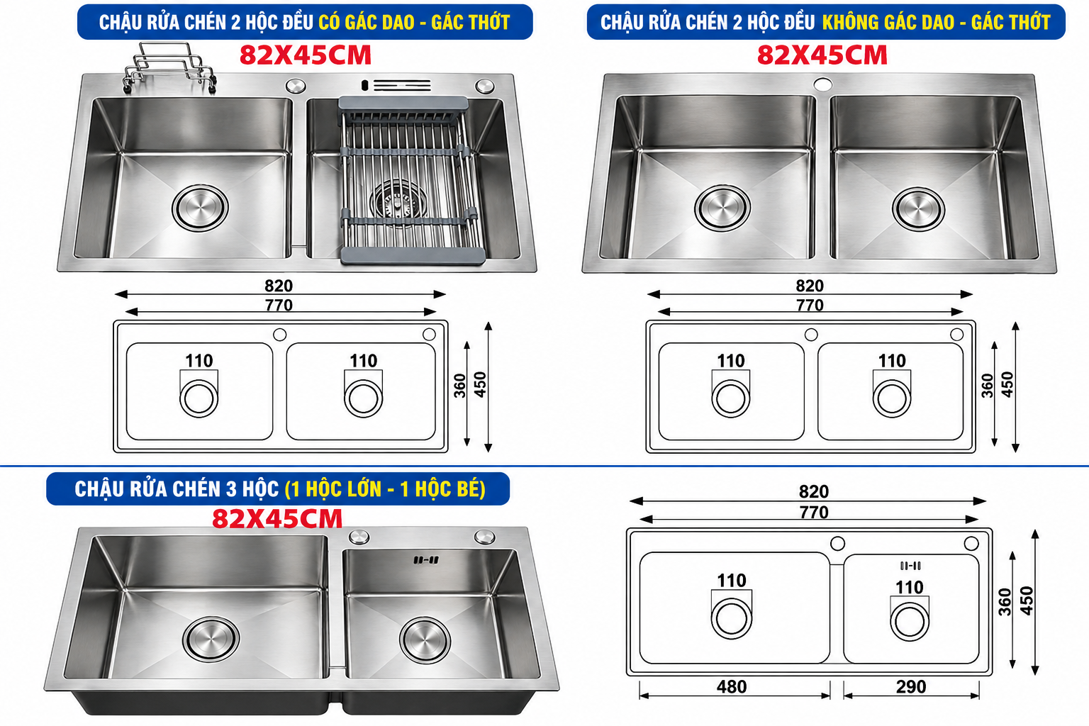 Các mẫu chậu rửa chén inox 304 82x45cm hai hộc đều và hai hộc lệch. Các mẫu chậu rửa chén inox 304 82x45cm hai hộc đều và hai hộc lệch.
