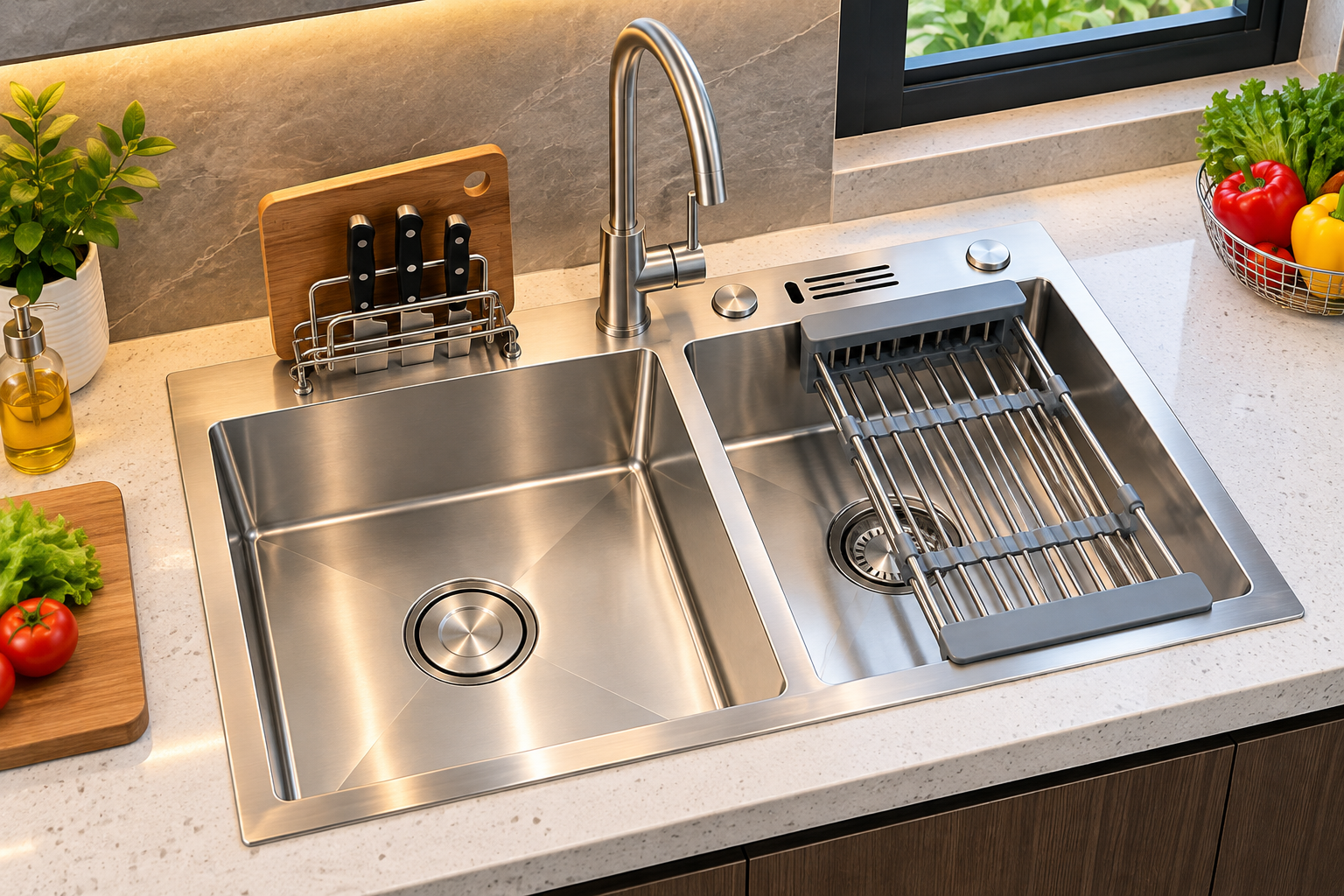 Chậu rửa chén inox 304 82x45cm có gác thớt và rổ ráo nước inox. Chậu rửa chén inox 304 82x45cm có gác thớt và rổ ráo nước inox.