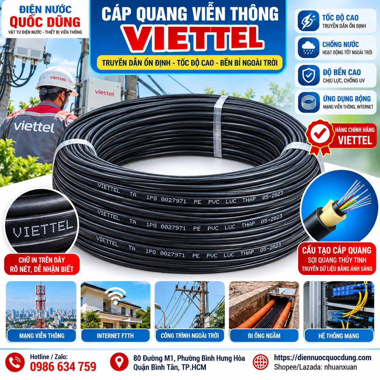 Cáp quang viễn thông Viettel dùng cho hệ thống Internet và công trình tại Điện Nước Quốc Dũng. Cáp quang viễn thông Viettel dùng cho hệ thống Internet và công trình tại Điện Nước Quốc Dũng.