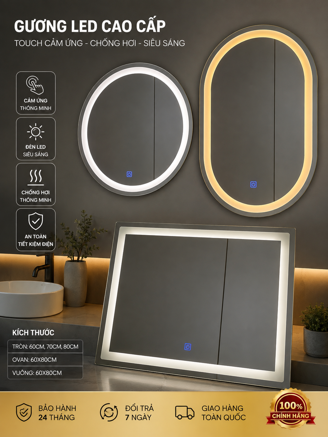 Ảnh quảng cáo tổng thể các mẫu gương LED tròn, oval và chữ nhật