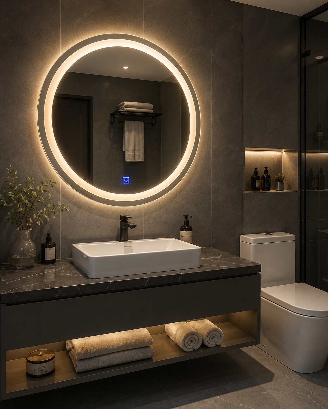Gương LED được lắp đặt hoàn chỉnh trong phòng tắm hiện đại