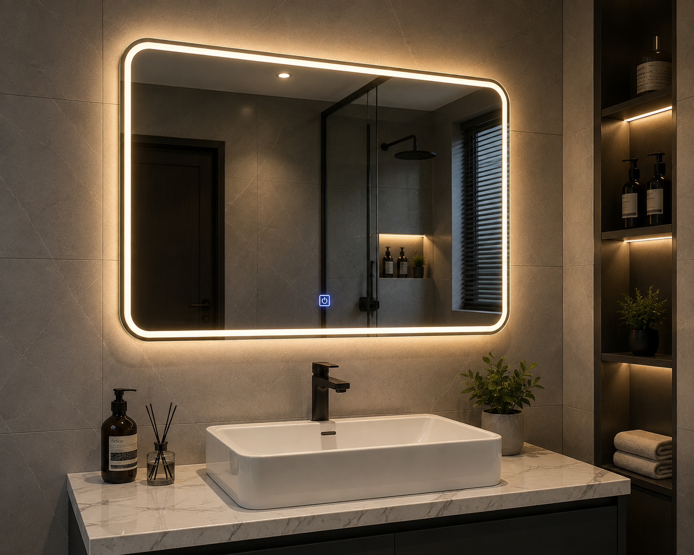 Gương LED bo góc cảm ứng lắp phía trên lavabo