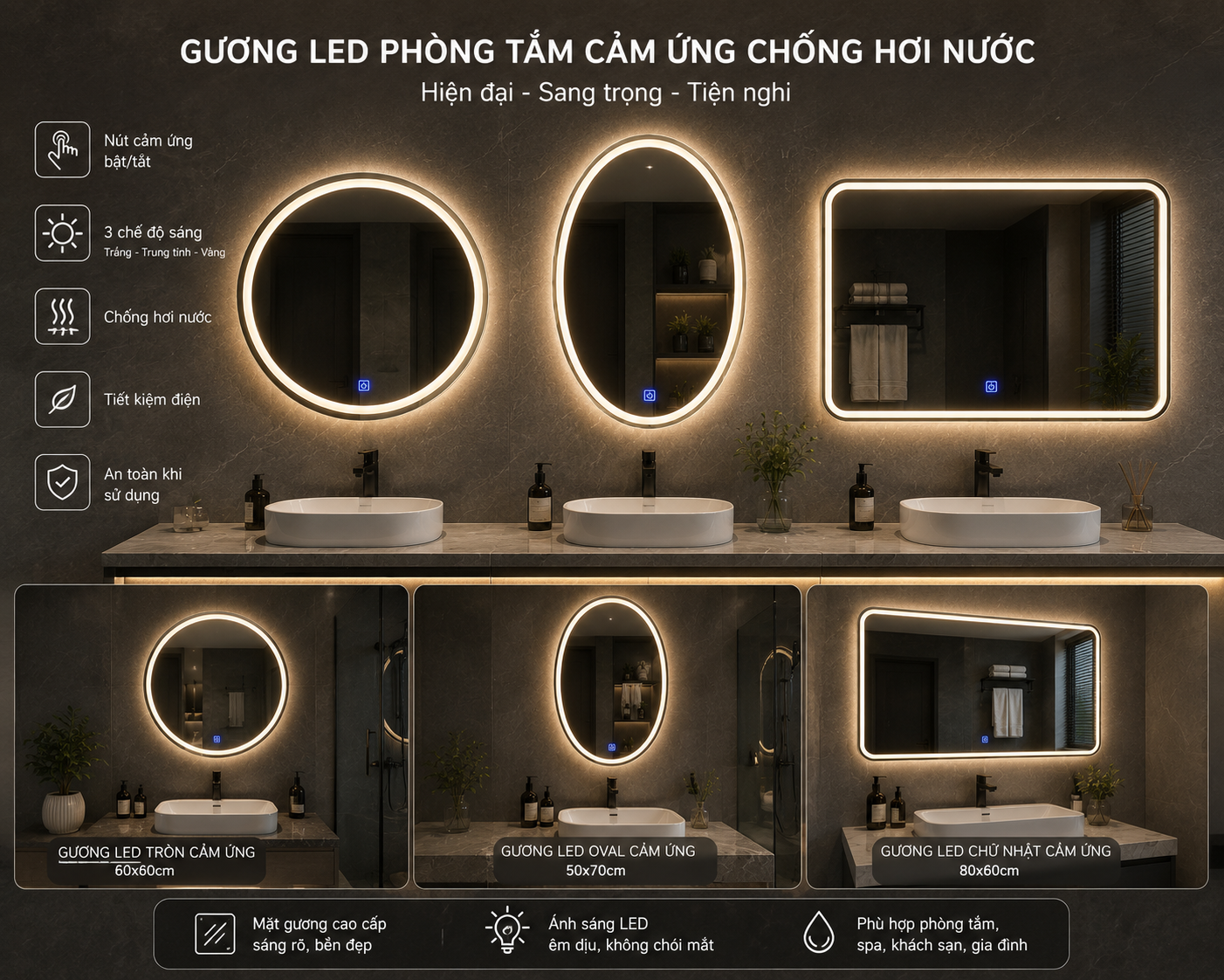 Ảnh tổng thể Gương LED phòng tắm cảm ứng chống hơi nước