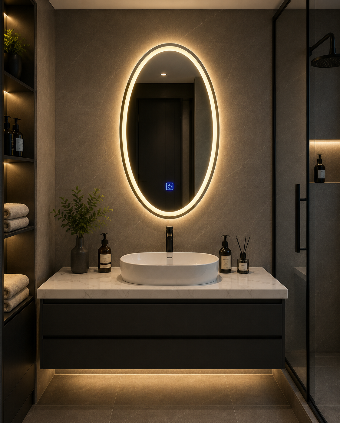 Ảnh Gương LED oval cảm ứng lắp hoàn chỉnh trong phòng tắm hiện đại