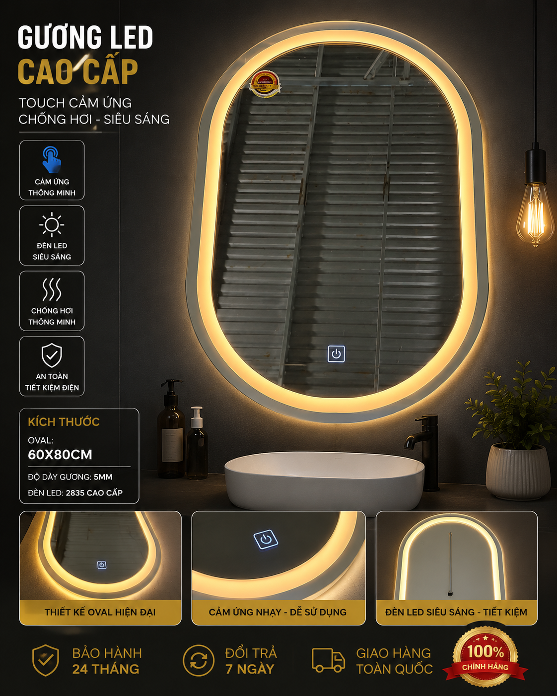 Gương LED oval cảm ứng 50x70cm trong không gian phòng tắm