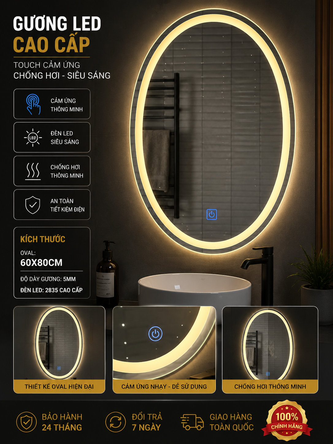 Gương LED oval cảm ứng 50x70cm trong không gian phòng tắm