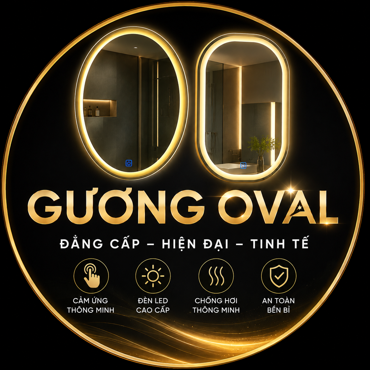 Hình minh họa các kiểu gương LED tròn, oval và chữ nhật bo góc