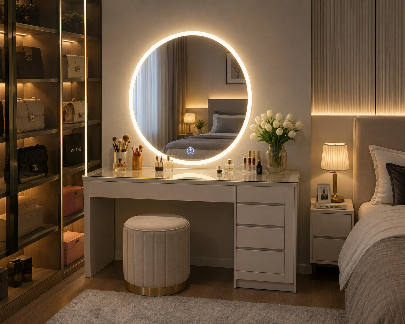 Gương tròn LED cảm ứng đặt trên bàn trang điểm hiện đại